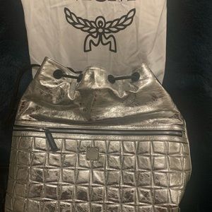 MCM large metallic and black leather backpack